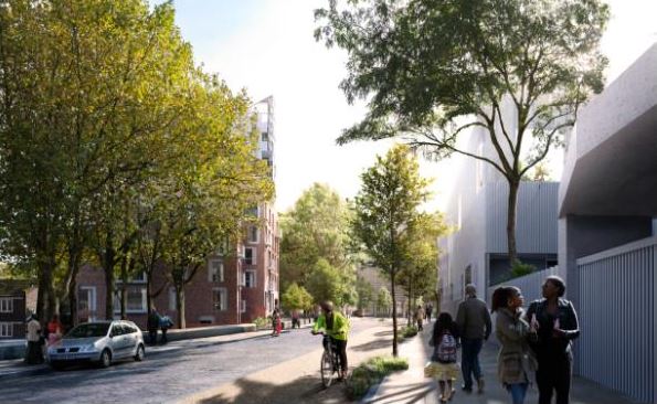 CGI image imagining new Central Somers Town housing across the street from Edith Neville School