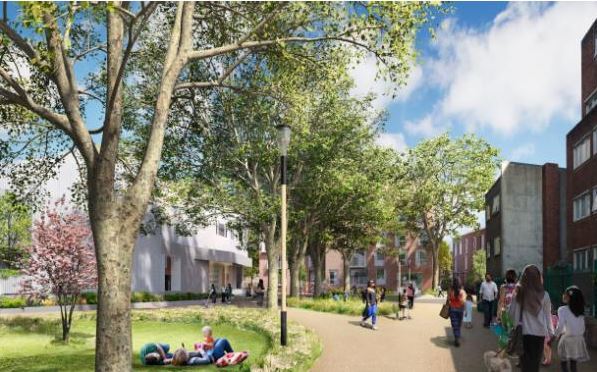 CGI image of proposed public green space outside plot 5 and 6 of Central Somers Town